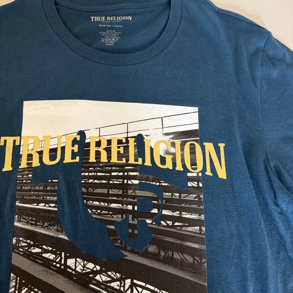 True Religion Mens Teal Blue Bench Graphic T Shirt Size M